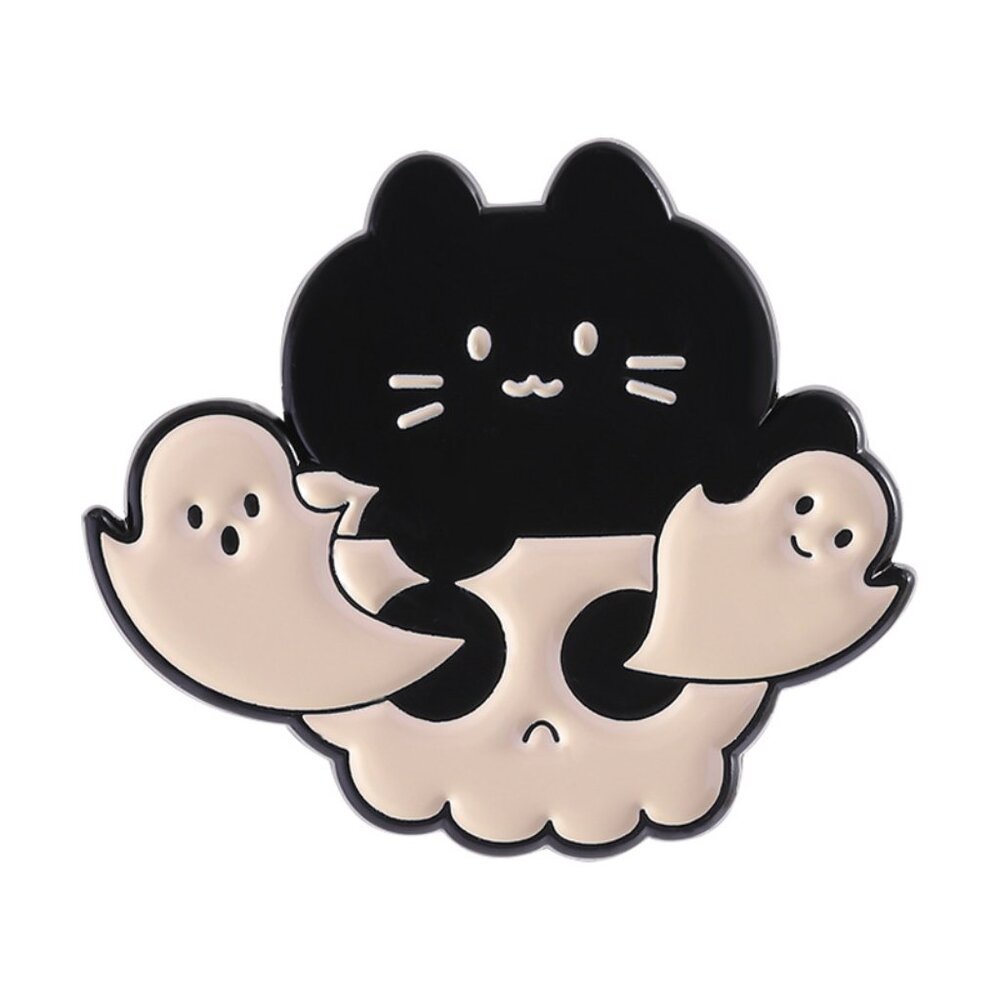 Black Cat & Ghosts Enamel Pin | Cute Spooky Cat Pin | Halloween Aesthetic Lapel